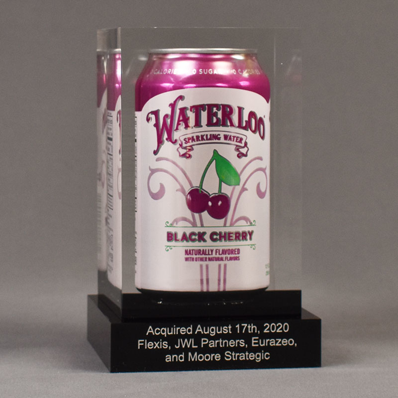 Waterloo Black Cherry soda can cast into acrylic embedment on black acrylic base.
